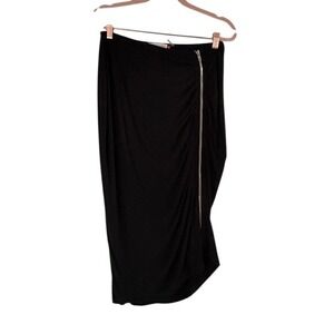 Trouble at the Mill Womens Black Asymmetrical Ruched Midi Skirt Side Zip Size M
